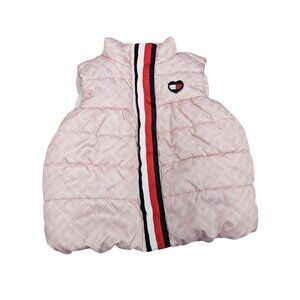 Tommy Hilfiger Baby Girl Puffer‎ Vest 12M Pink Quilted Heart Stripe Zipper Snap
